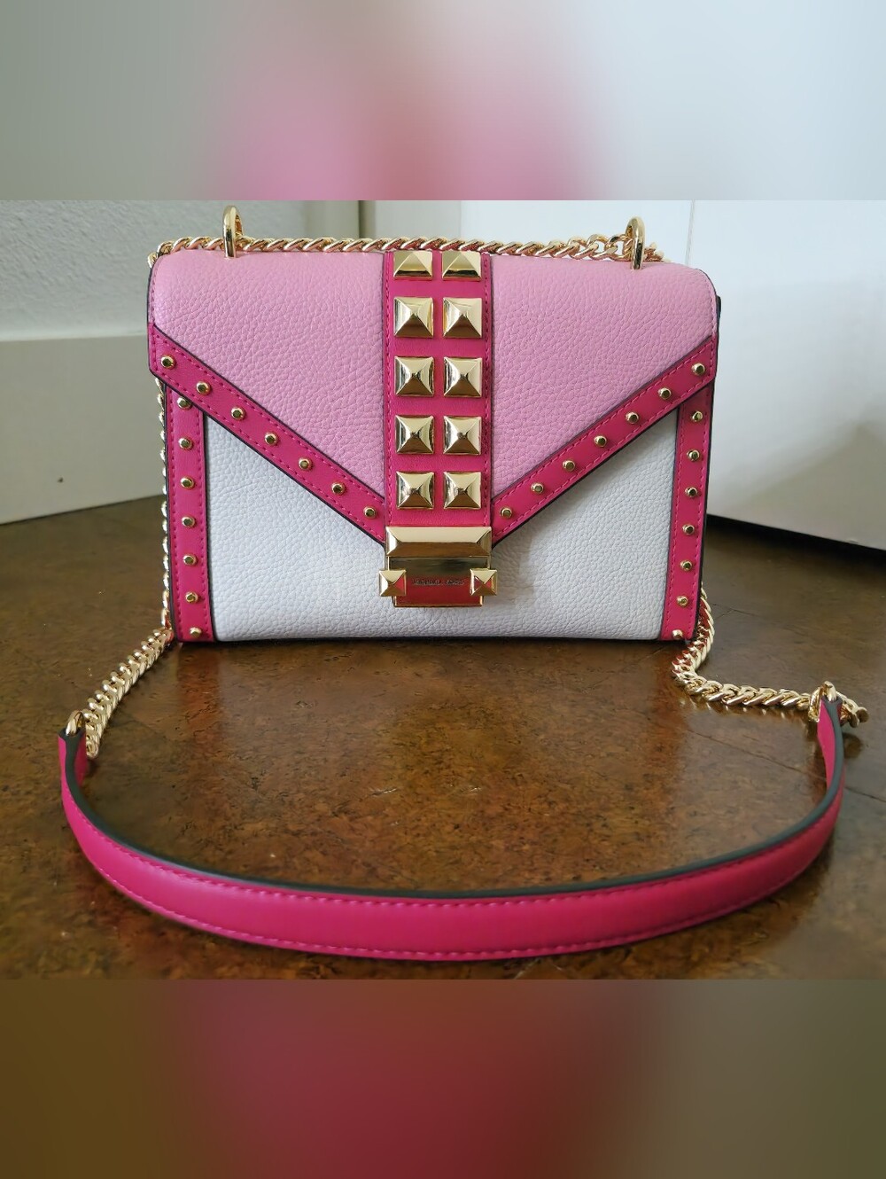 NEW Michael Kors Whitney Crossbody Electric Pink Multi Color-Block Gold Studded
